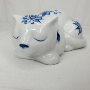 Lucky Blue and White Porcelain Cat.  5 1/2" long by 3 1/2". Excellent Condition.